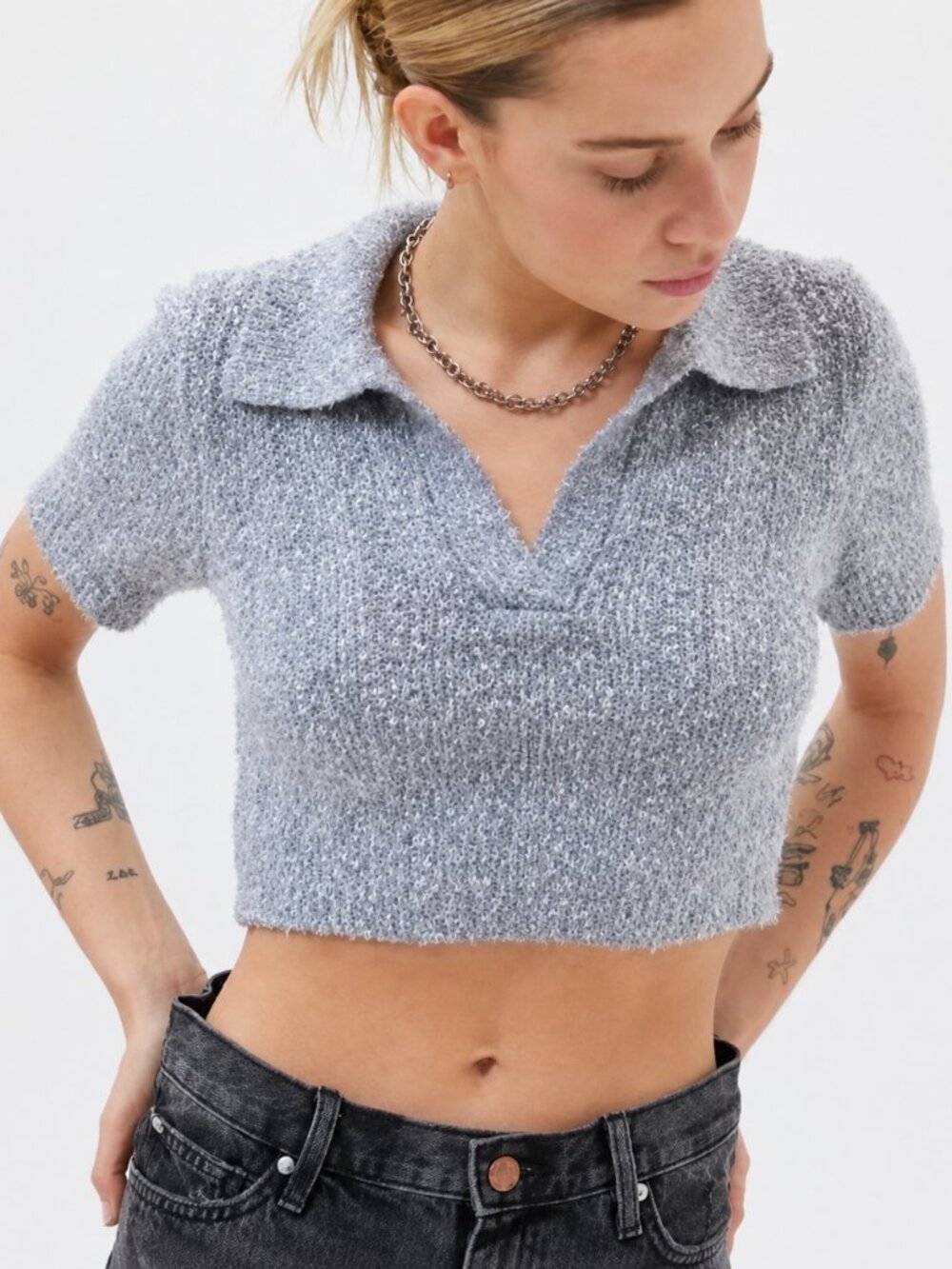 NWT Urban Outfitters Andrea Cropped Knit Sweater Top Grey Blue XS
